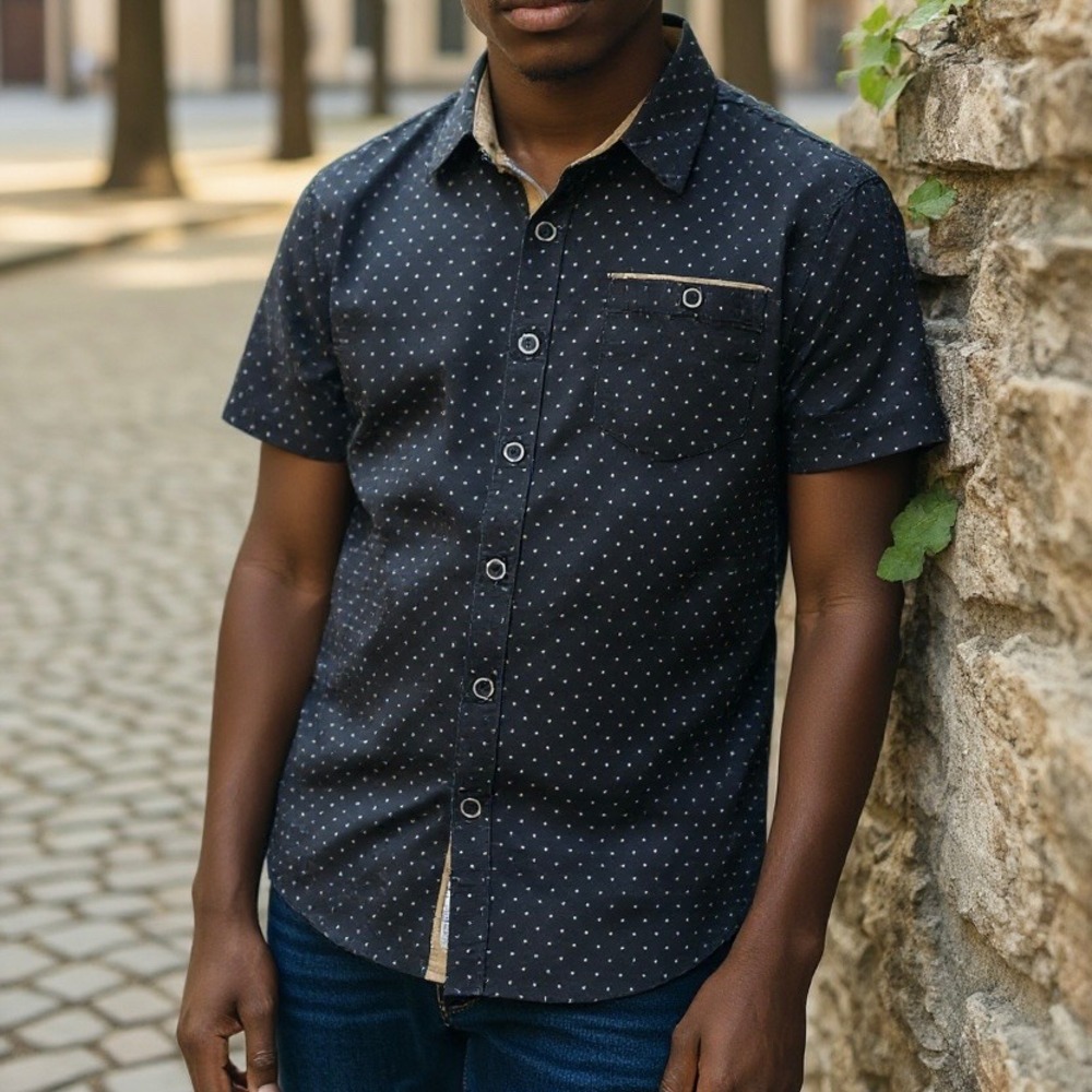 Craft Flow Big Boy Short Sleeve‎ Button Up Shirt Navy Polka Dot Size 10 12 M